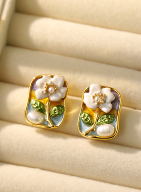 XKDDCT莫奈花园油画风耳饰巴洛克天然珍珠耳环女手工爆款中古耳钉