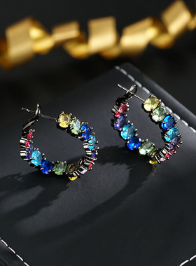 XKDDCT抖音网红爆款枪黑色圆圈耳环复古轻奢风彩色耳饰个性百搭耳