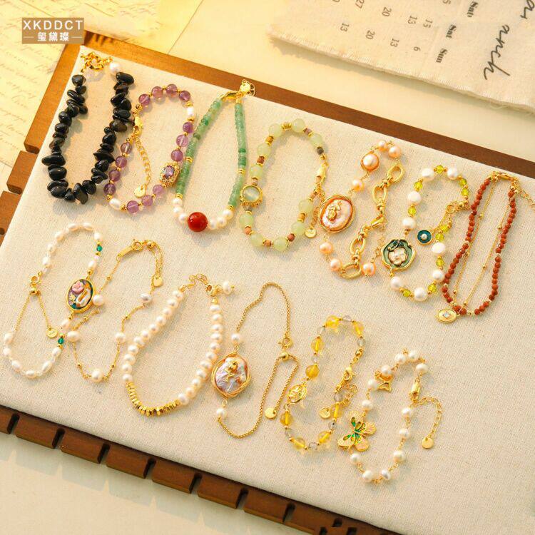 XKDDCT国潮新中式手链中古巴洛克油画风淡水珍珠手镯多巴胺手饰铜