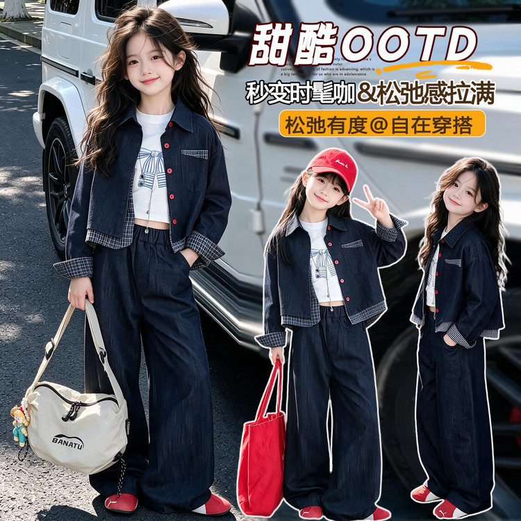春秋女大童甜酷格子牛仔两件套