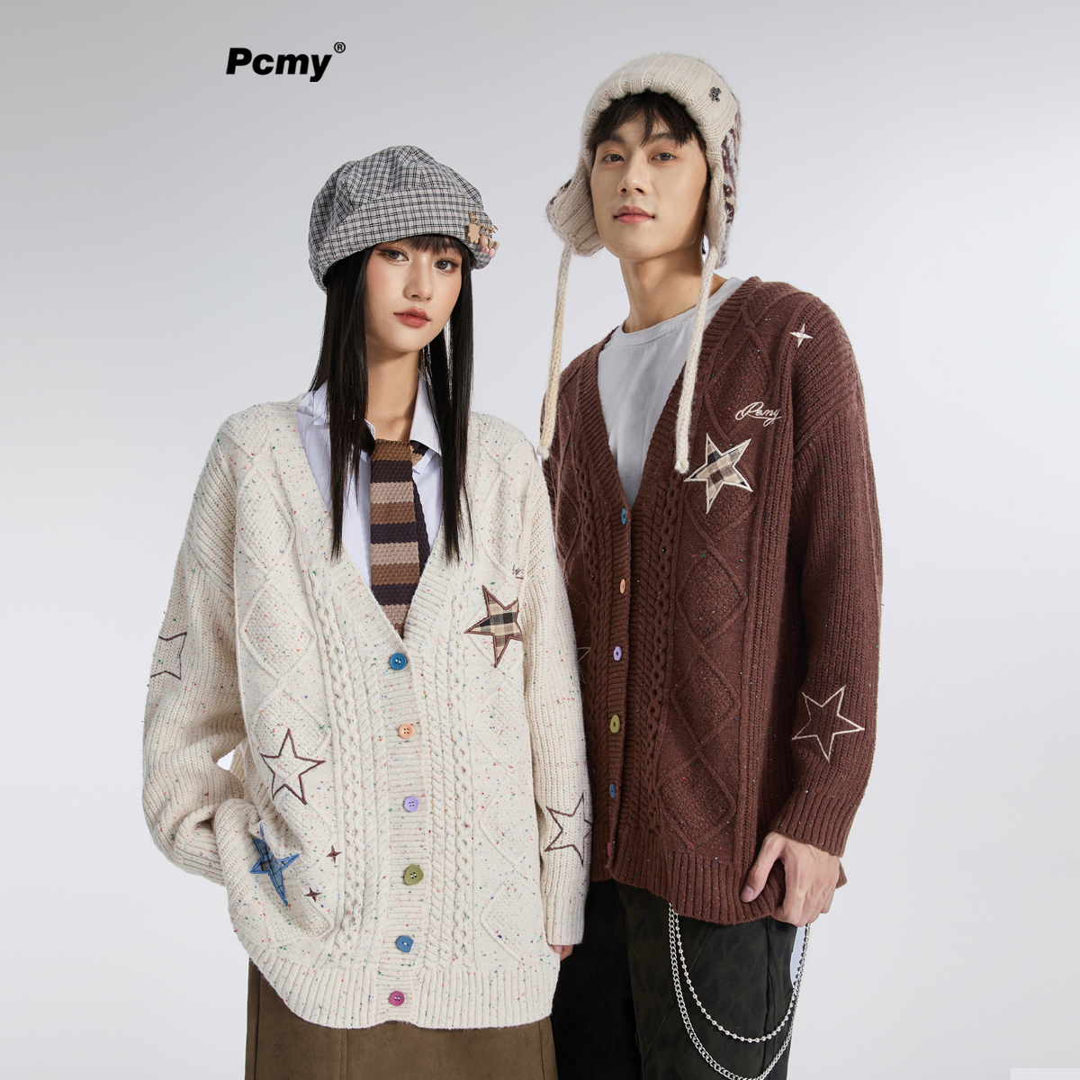 PCMY多彩星星刺绣韩版开衫毛衣