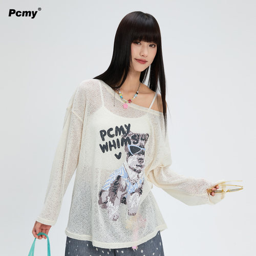 PCMY小狗斜肩长袖T恤防晒罩衫女