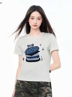 PCMY白灰色正肩显瘦刺绣短袖T恤女2026夏季新款短款梨形身材上衣