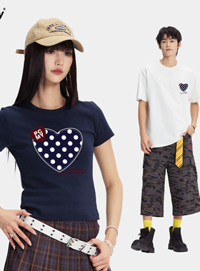 PCMY波点爱心情侣装2026夏季新款短袖T恤男女新款浅蓝色百搭上衣