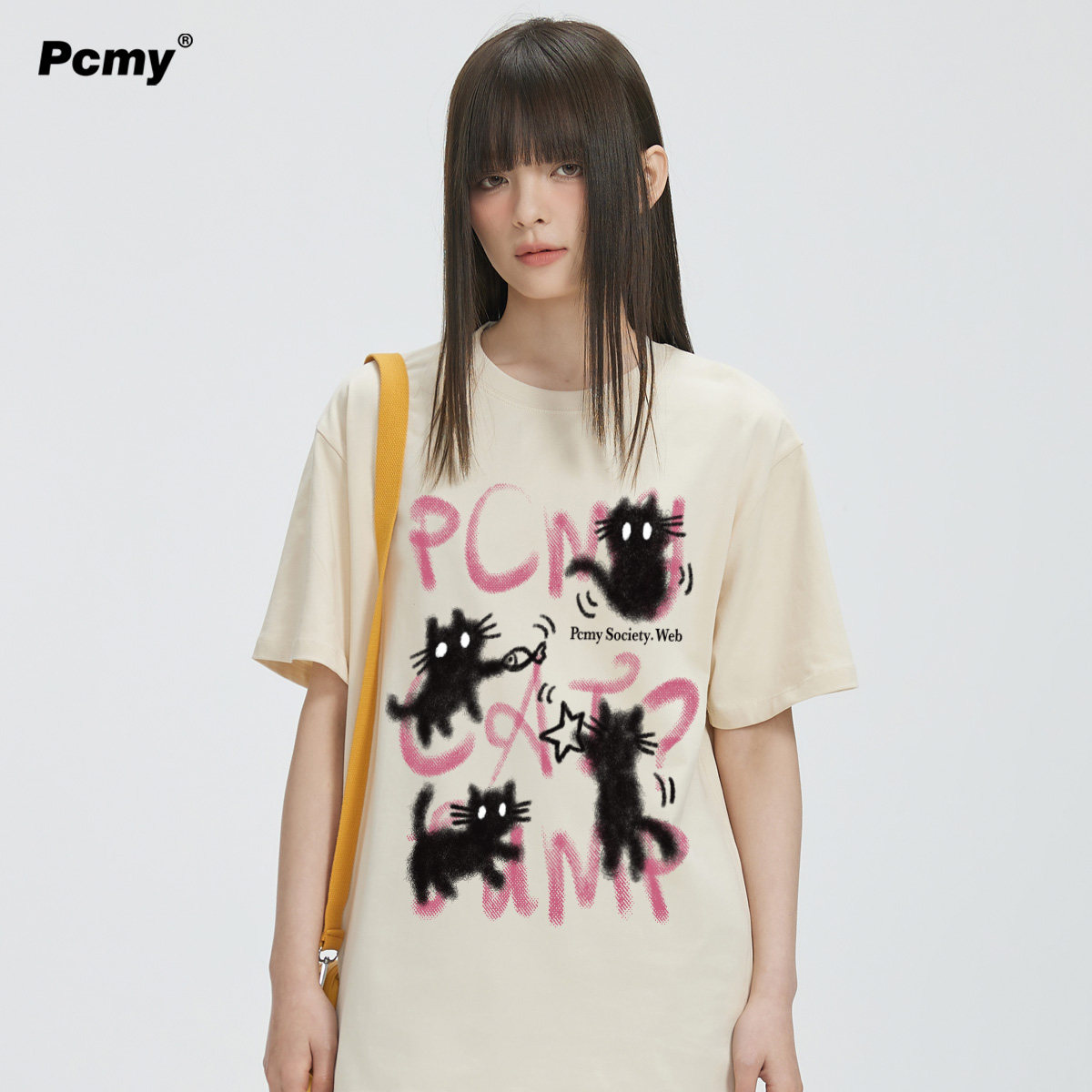 PCMY卡通猫咪情侣短袖印花T恤男女同款2026夏季宽松趣味涂鸦上衣,男装,T恤,淘宝优惠券,粉丝福利购,淘宝优惠卷