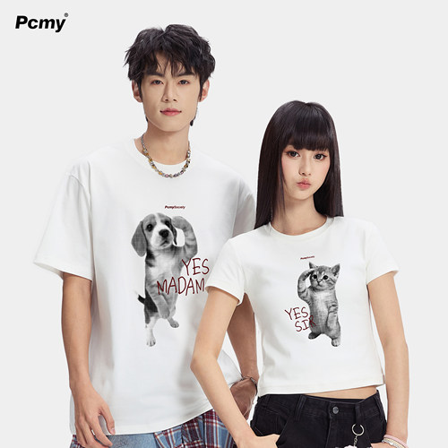 PCMY潮牌猫狗印花短袖T恤夏复古