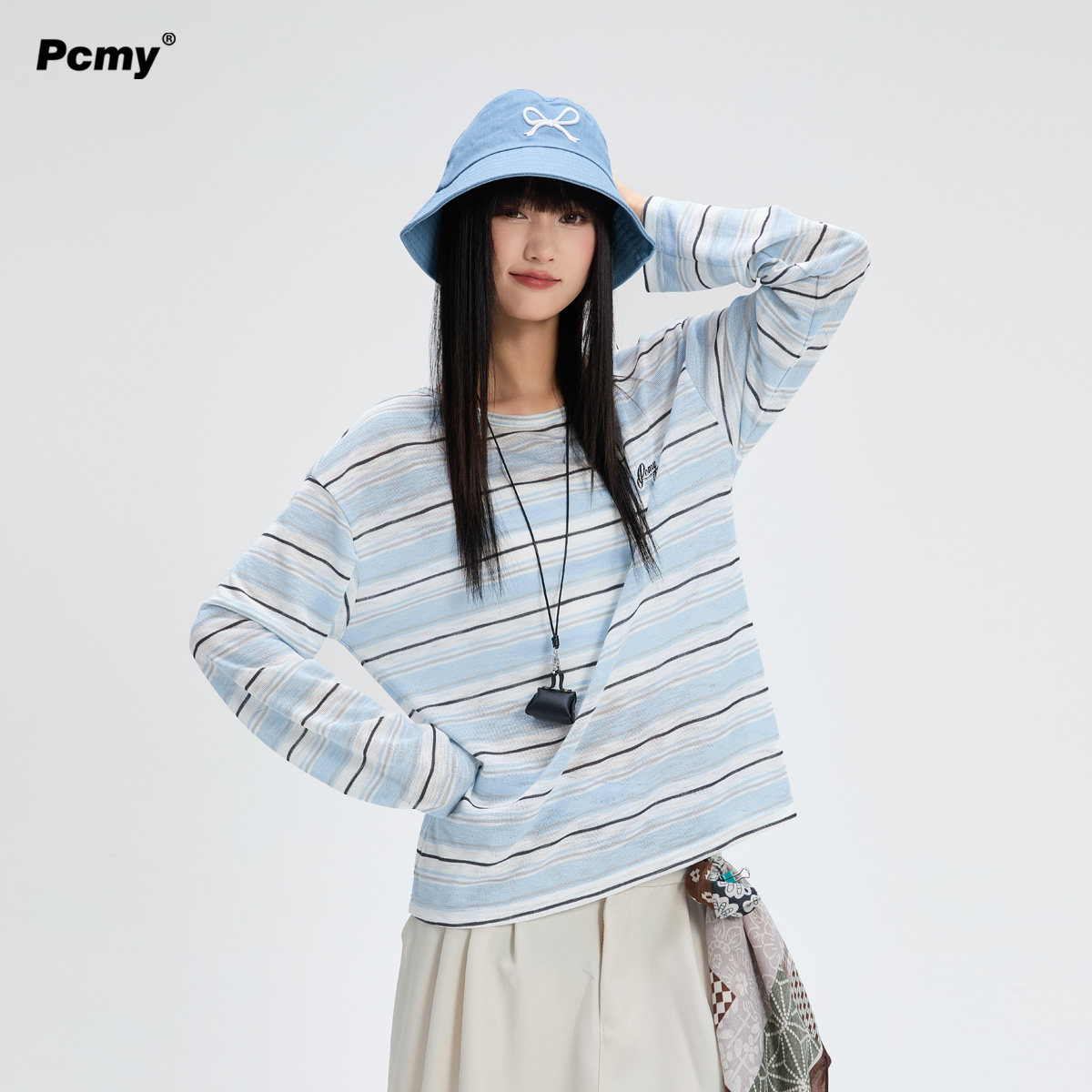 PCMY条纹大领口长袖T恤女2026春夏宽松慵懒风一字肩防晒罩衫上衣