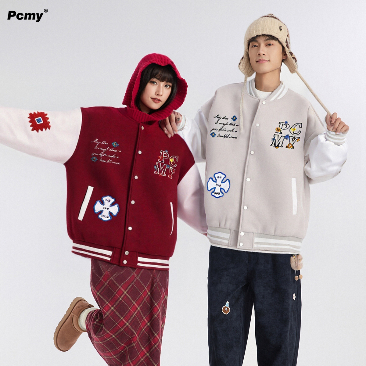 PCMY美式复古潮牌绒面加厚拼接棒球服宽松外套男女冬季刺绣棉衣服