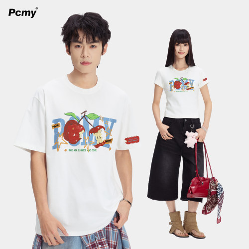 PCMY情侣装一男一女白色印花T恤