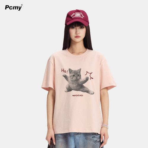 PCMY功夫猫咪复古纯棉短袖T恤夏