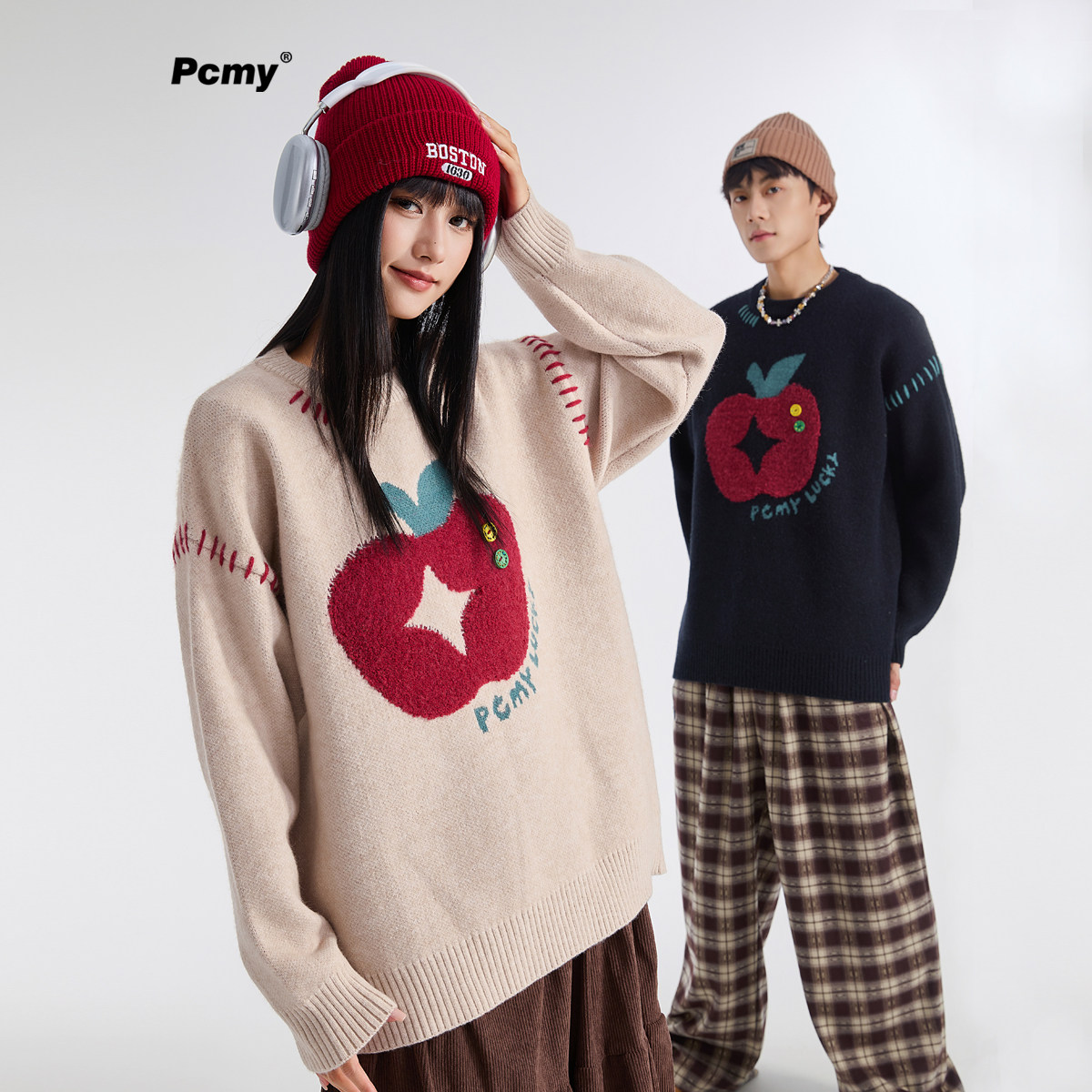 PCMY复古提花苹果圆领情侣毛衣男女慵懒风高级感秋冬针织内搭上衣,男装,针织衫/毛衣,淘宝优惠券,粉丝福利购,淘宝优惠卷