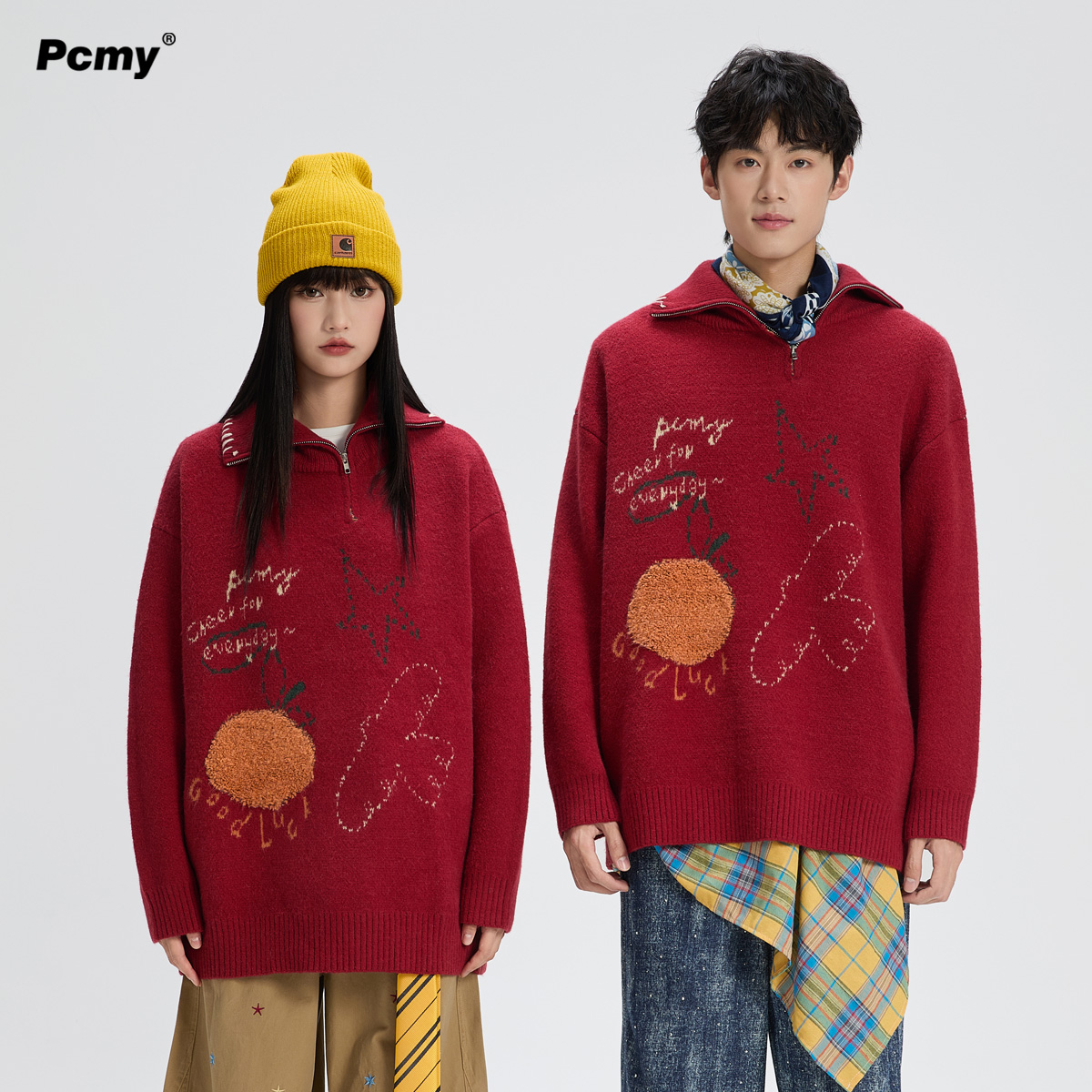 PCMY潮牌立领酒红色情侣提花毛衣外套男女2025冬季新款针织衫上衣