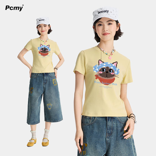 PCMY出浴小猫萌宠印花正肩T恤女