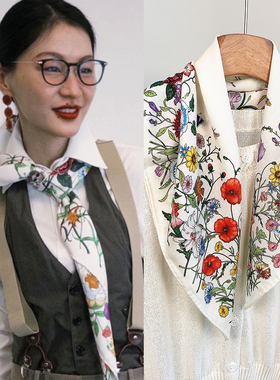 金靖同款双面黑色印花丝毛花朵方巾真丝羊毛丝巾气质保暖百搭披肩