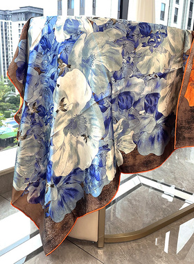 宫廷玉兰围巾真丝双面缎花萝大方巾中国风百搭披肩桑蚕丝提花丝巾