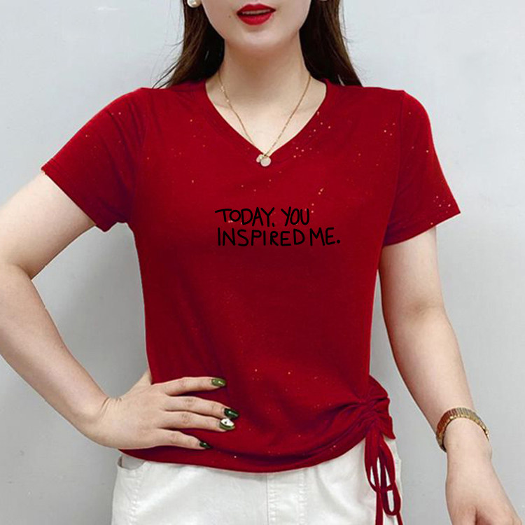 亮丝新款大码夏装v领短袖t恤女士短款体恤衫鸡心领修身显瘦上衣服