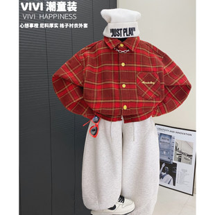 VIVI童装【心想事橙】秋冬亲子装中大童显白红格子厚实衬衣外套