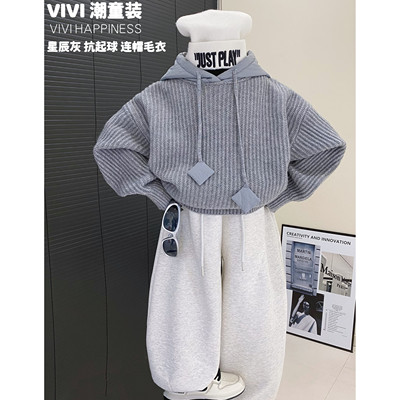 现货VIVI童装【韩里韩气】秋冬亲子装中大童洋气灰色针织连帽毛衣
