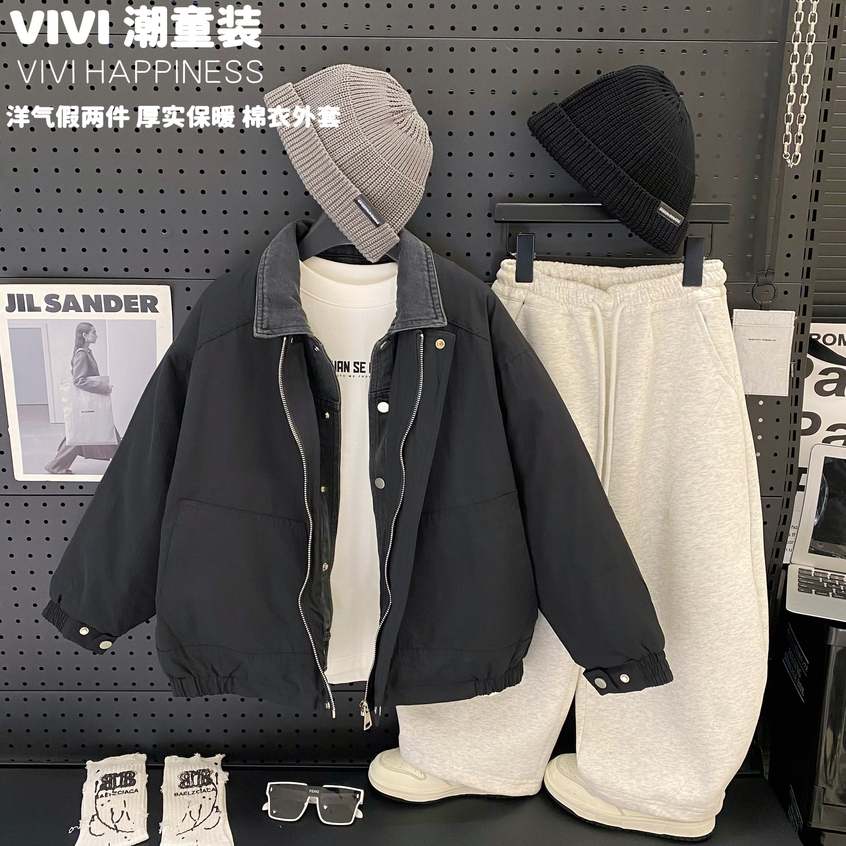 VIVI童装【美式复古】冬亲子装中大童假两件牛仔拼接厚实棉衣外套