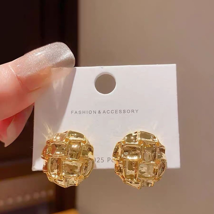 高级感轻奢金属冷淡风编织半圆形耳钉女复古气质小众18K金色耳饰
