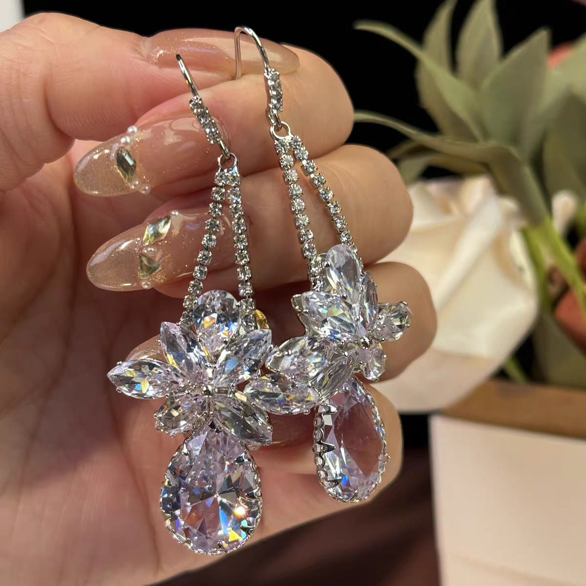 铜合金耳饰 昔梦 超闪重工花朵水滴锆石长款耳坠轻奢时尚耳环优