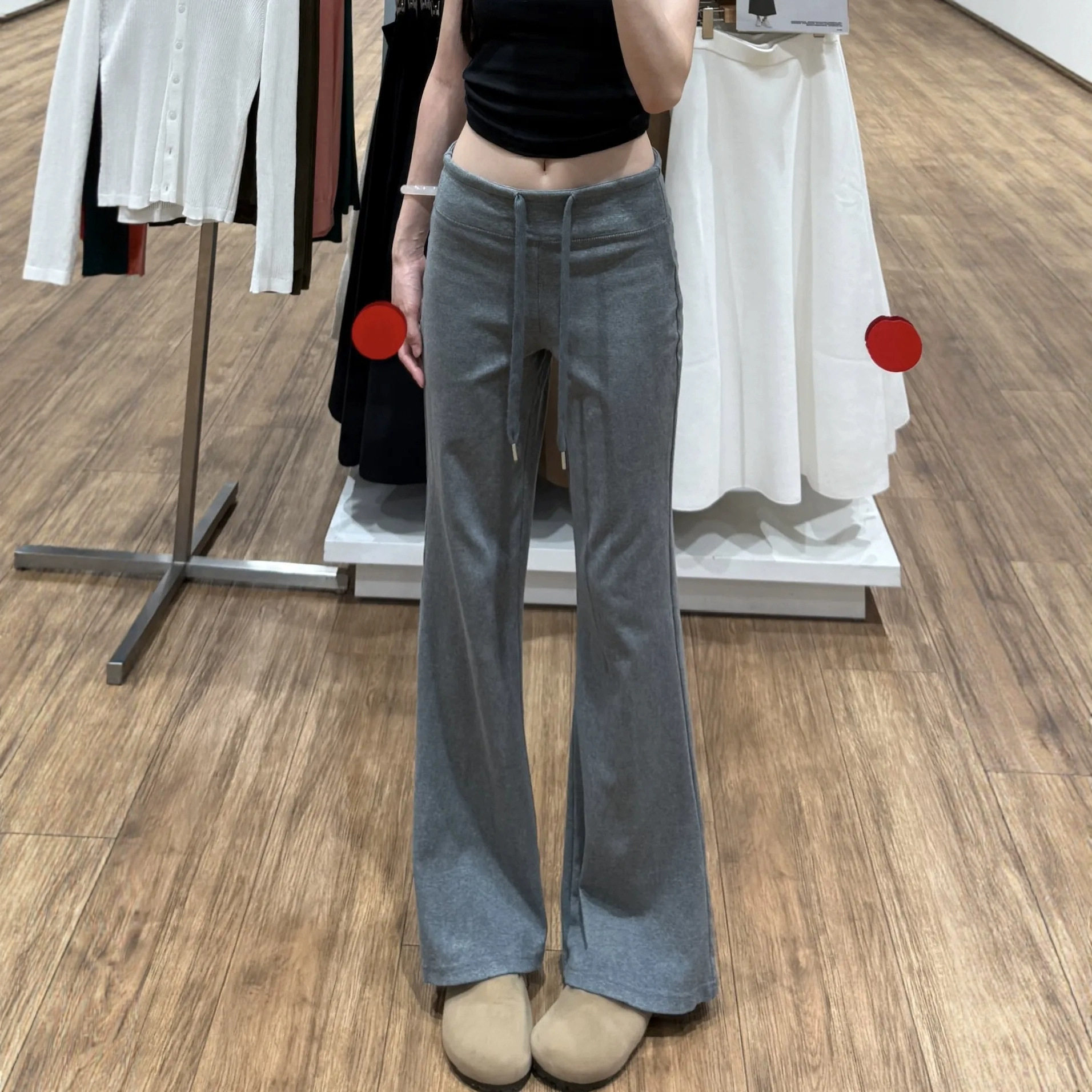 纯棉灰色微喇运动裤女春夏季新款高腰垂感小个子休闲直筒阔腿裤子