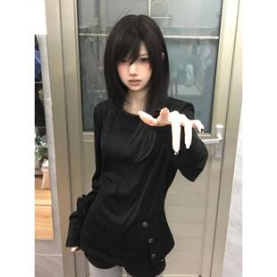 2k亚文y化正肩长恤KCF女春季新款视袖觉系内搭打底衫修身假两件t