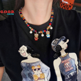 原创黑皮hellokitty多巴胺彩色水晶项链小众设计可爱锁骨链