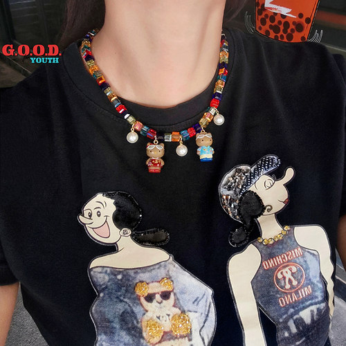 JMH小吴同学原创黑皮hellokitty项链多巴胺彩色水晶辣妹锁骨链