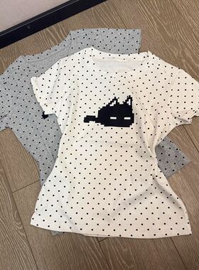韩系白色波点小猫正肩短袖t恤女夏季女装修身收腰设计感辣妹上衣