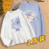 买一送一 潮 百搭长袖 网红T恤女学生韩版 宽松慵懒风印花春秋新款