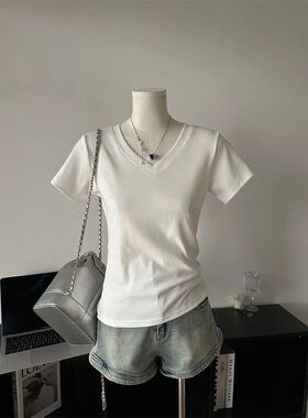 白色领正V领穿搭T恤新款简约正肩显瘦上衣短袖夏季辣妹修身收腰