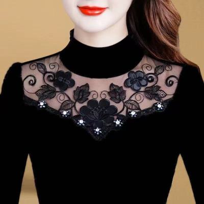 加绒/薄款新款蕾丝秋冬打底衫女冬季百搭款加绒保暖显瘦上衣T恤女