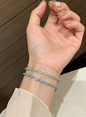 韩系百搭小众中古清爽蓝色排钻手链气质复古叠戴春夏高级感手饰品