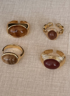 小众设计复古戒指金色高级感宽版天然石纹理冷淡风指环配饰