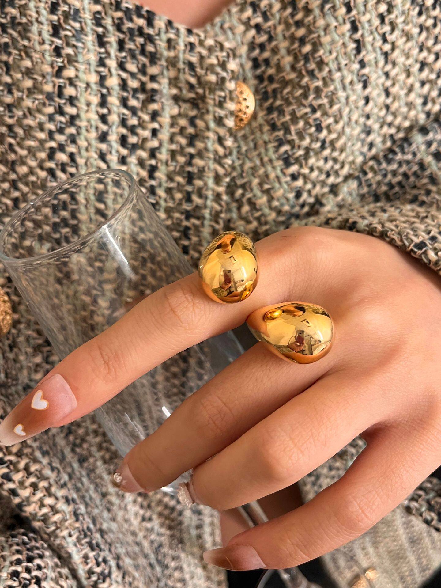 欧美BV金银色镜面水滴戒指法式轻奢重工开口高级感时髦指环戒指