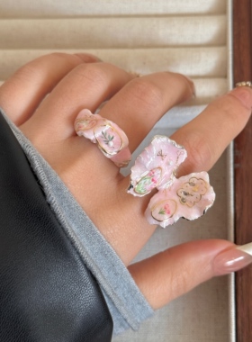 夏季多巴胺手工彩色珐琅滴油蝴蝶花朵指环戒温柔珠粉手绘金箔戒指