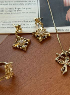 vintage中古银针锆石鸢尾花朵耳项链设计稿毛衣链轻奢耳坠复古女