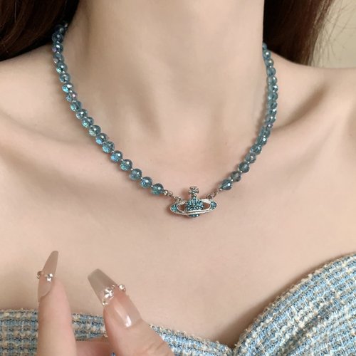 西太后经典土星水晶粉蓝珠锁骨链项链超闪镶钻轻奢小众高级感项链