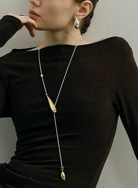 小众设计多种戴法双面叶片Y形水滴项链小众天然珍珠毛衣链长款女
