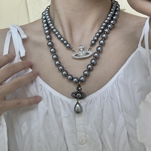 灰色珍珠土星立体别针项链三层重工choker锁骨闪钻颈链西太后潮