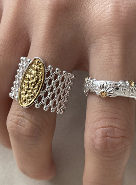 法式ins复古小众设计捶打纹金银双色戒指简约百搭叠戴食指戒