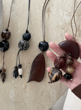 新中式植物果壳爱心串珠项链女高级感复古长款挂绳吊坠毛衣链配饰