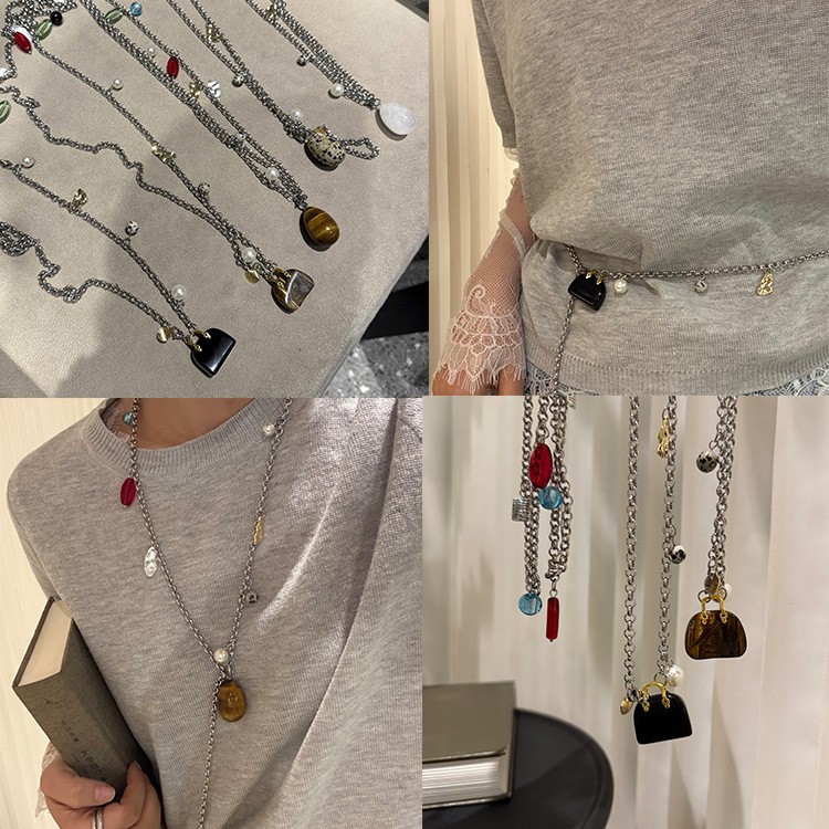 冷淡风虎眼石包包吊坠长款项链女一款多戴复古时尚优雅毛衣链腰链