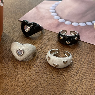 韩国博主同款 滴釉戒指爱心黑色珠光白设计感可爱锆石镶嵌食指指戒
