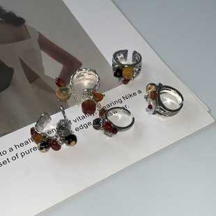 新中式手工天然彩石混搭开口戒指~国潮美拉德安克拉红高级感指环