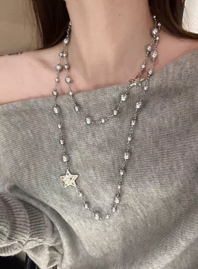 韩系时尚双层灰色珍珠长项链ins首饰潮流百搭锁骨链毛衣链