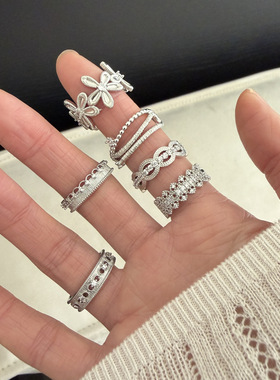 韩版拉丝花朵镂空锆石戒指高级感蕾丝ins简约甜美叠戴食指戒