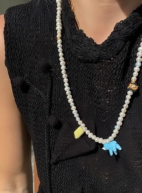 蓝色小象吊坠项链女天然珍珠串珠锁骨链小众高级感气质百搭锁骨链