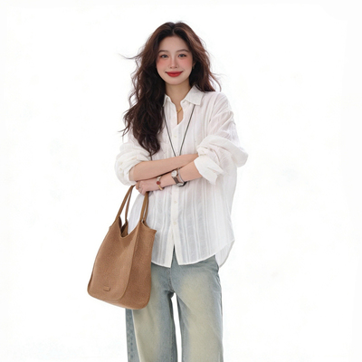 纯棉提花工艺白衬衫女长袖宽松松弛风防晒衬衣全棉休闲风白色上衣